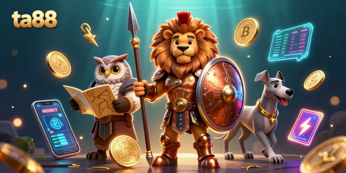 Unleash winning strategies with ta88, showcasing a dynamic 3D casino scene featuring vibrant characters and crypto elements.