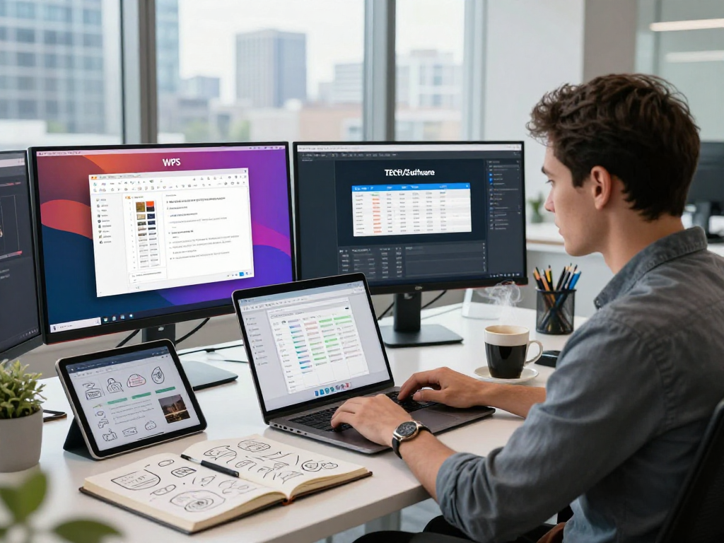 现代办公环境中，专注的个人正在使用WPS Office下载处理文档，桌上有笔记本和咖啡，充满创造力的氛围。