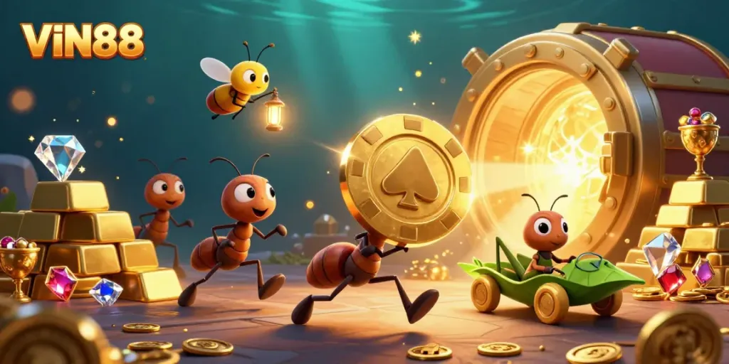 Enjoy thrilling adventures at VIN88 with cartoon ants in a golden poker heist.