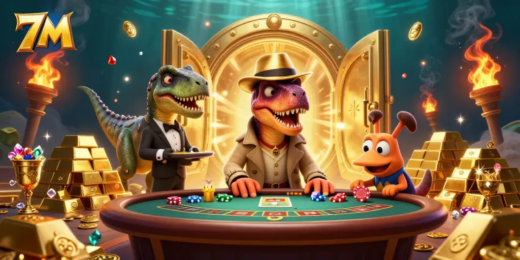 Experience thrilling action in the 7M casino scene with a clever velociraptor at the blackjack table.