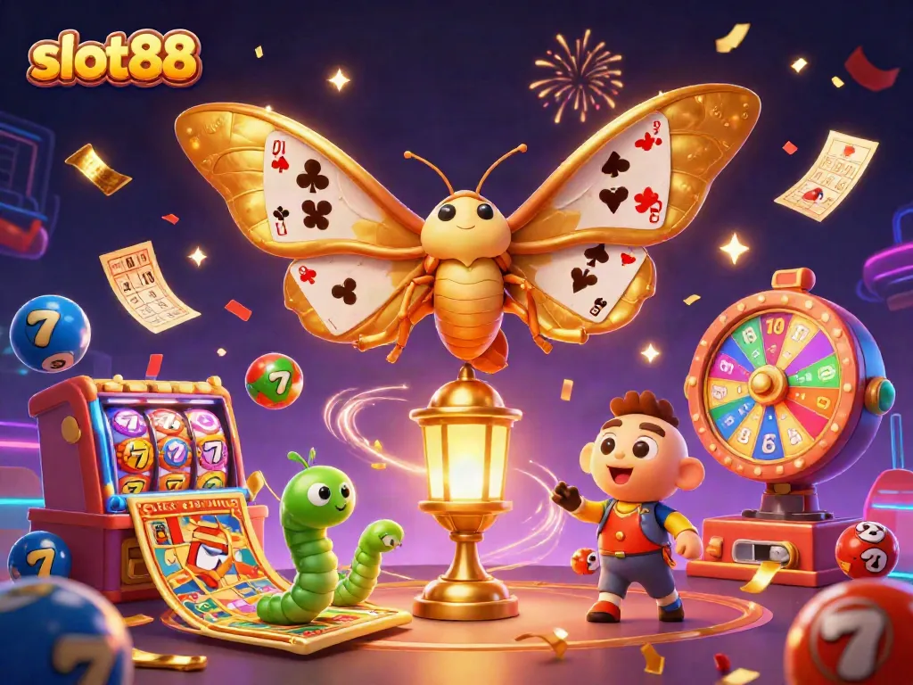A 3D cartoon illustration showcasing the vibrant slot88 casino scene featuring a colorful moth, lottery balls, and spinning prizes.
