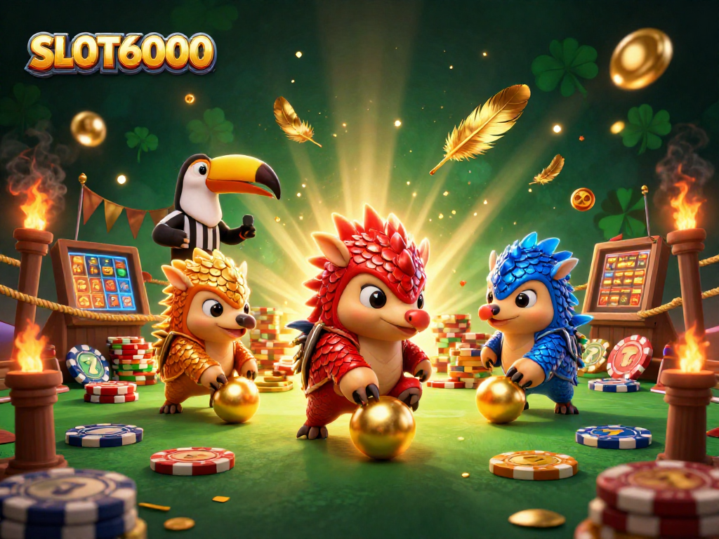 SLOT6000 features rival pangolins battling over golden poker chips, showcasing energetic casino gameplay.