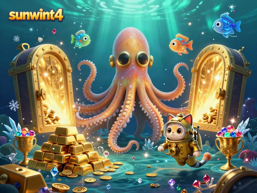 Experience the thrill of sunwint4 with a colossal kraken, diving cat, and treasure in a vibrant casino scene.