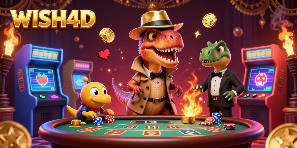 WISH4D showcases a cartoon velociraptor at a blackjack table under the watchful eye of a stegosaurus.