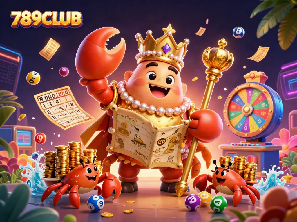 Experience thrilling gameplay with 789CLUB's vibrant casino theme showcasing the golden crab emperor and lottery elements.