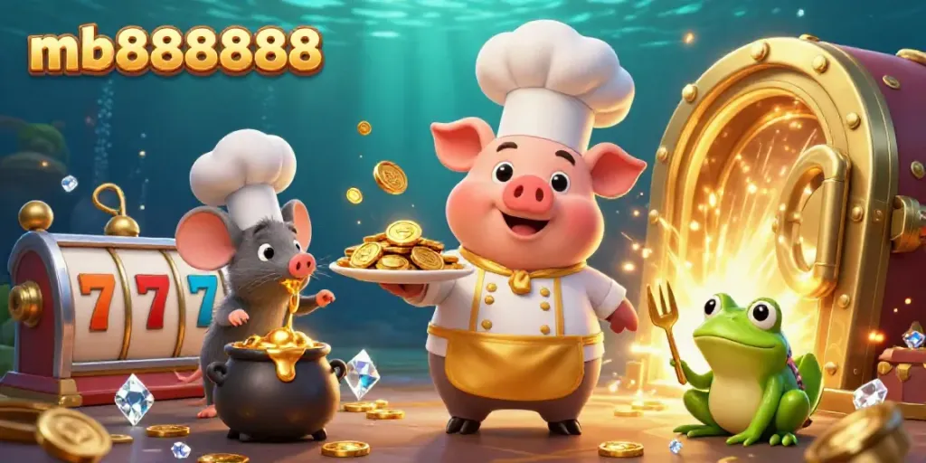 Engage with the magical allure of mb888888 as a chef pig serves golden coins in a vibrant casino atmosphere.