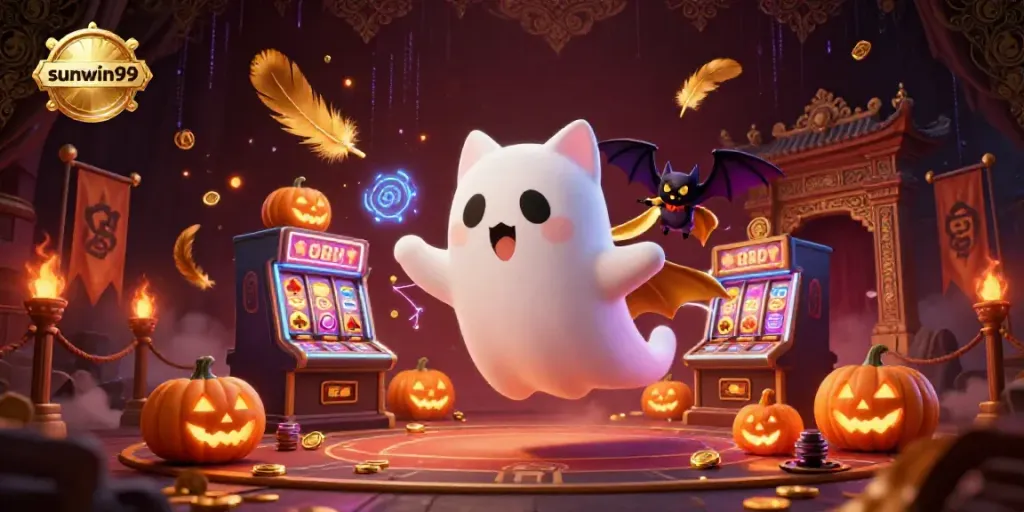 Explore exciting casino adventures with sunwin99's vibrant ghost cat and spooky friends in this dynamic illustration.