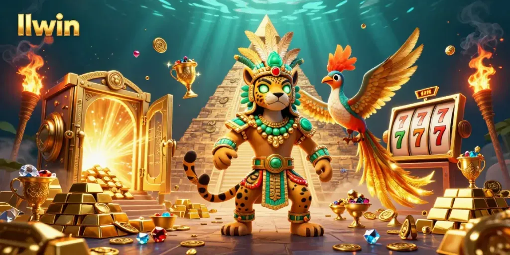 Experience thrilling action with llwin in a vibrant 3D casino scene filled with slot reels, treasures, and dynamic characters.