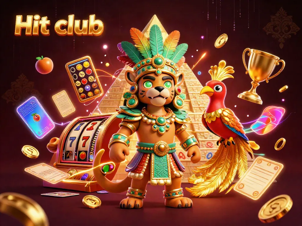 Hit club showcases a captivating 3D illustration of a slot gaming experience with vivid characters and symbols.