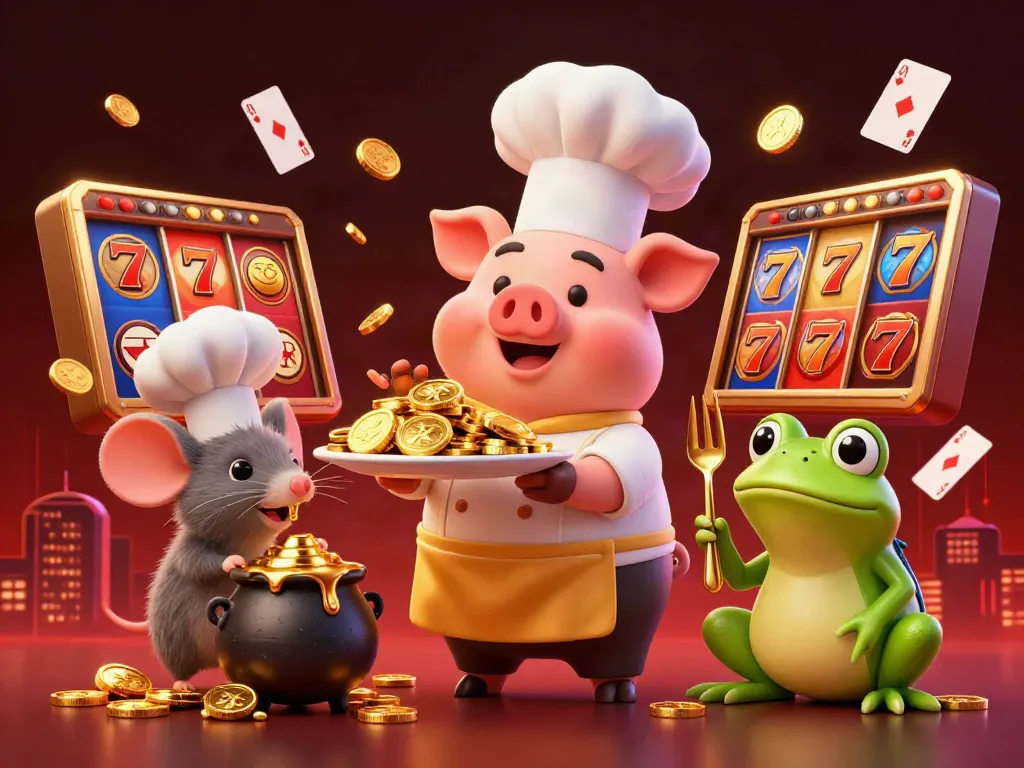Xoilac offers an engaging gambling experience with a chef pig serving gold coins in a dynamic casino scene.