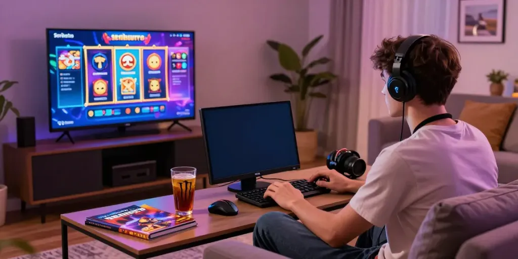 Engaged user exploring Seributoto daftar on smartphone in cozy gaming setup.