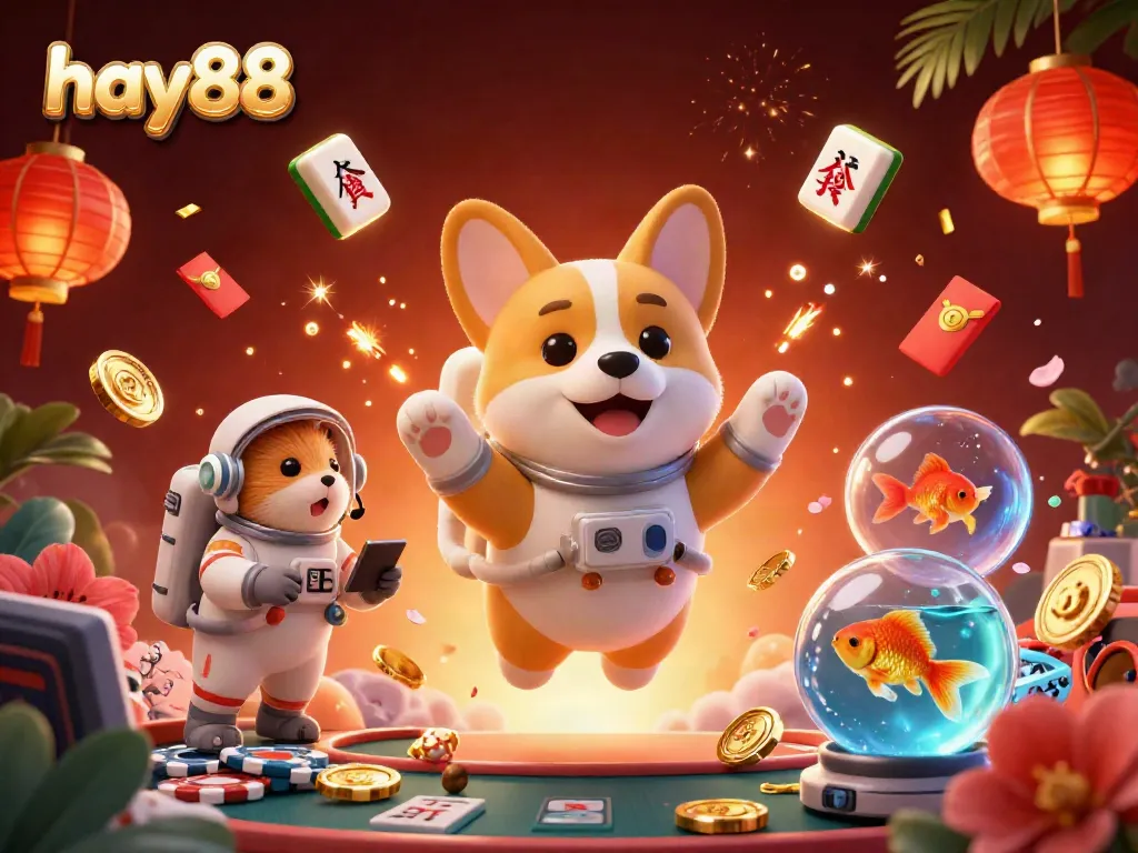 Join the fun at hay88 with a lively 3D casino scene featuring playful characters and floating rewards.